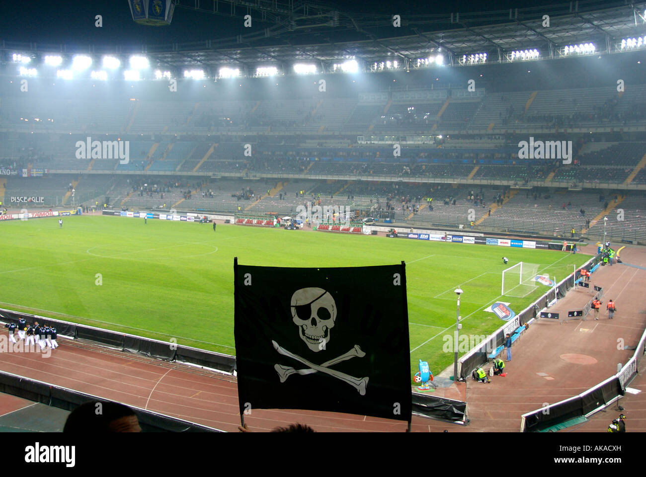 violent skull flag in italian stadium Stock Photo