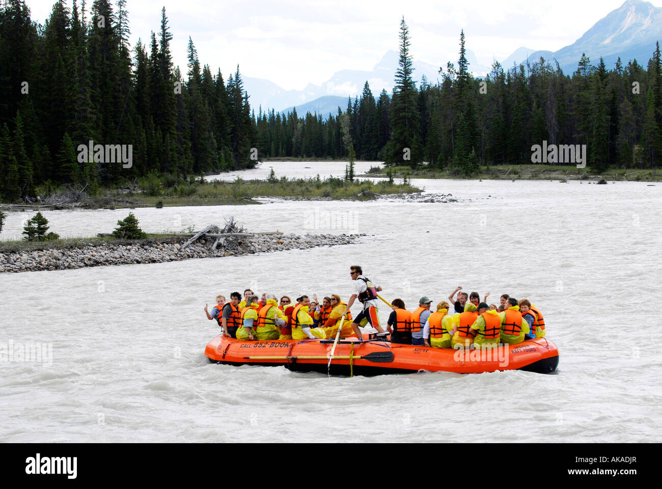White Water Whitewater Raft Rafting Concession on Athabasca River Jasper National Park Jasper Alberta Canada Canadian Rockies Ca Stock Photo
