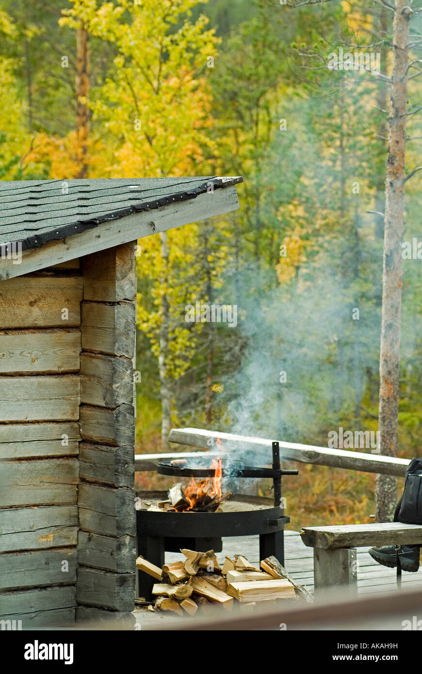 block cabin refugee with fire place for a pause at a trecking route Stock Photo