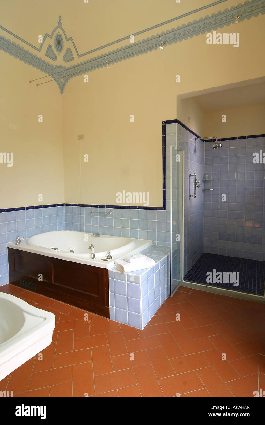 hotel apartment villa bathroom with bath and shower cubicle Stock Photo