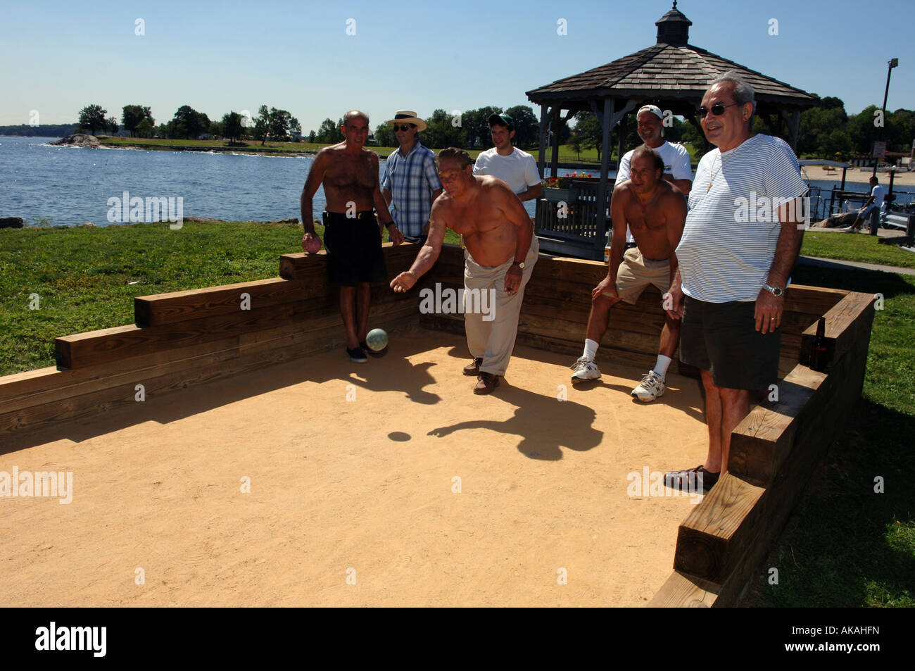 Bocce ball players in a park in New Rochelle NY Stock Photo