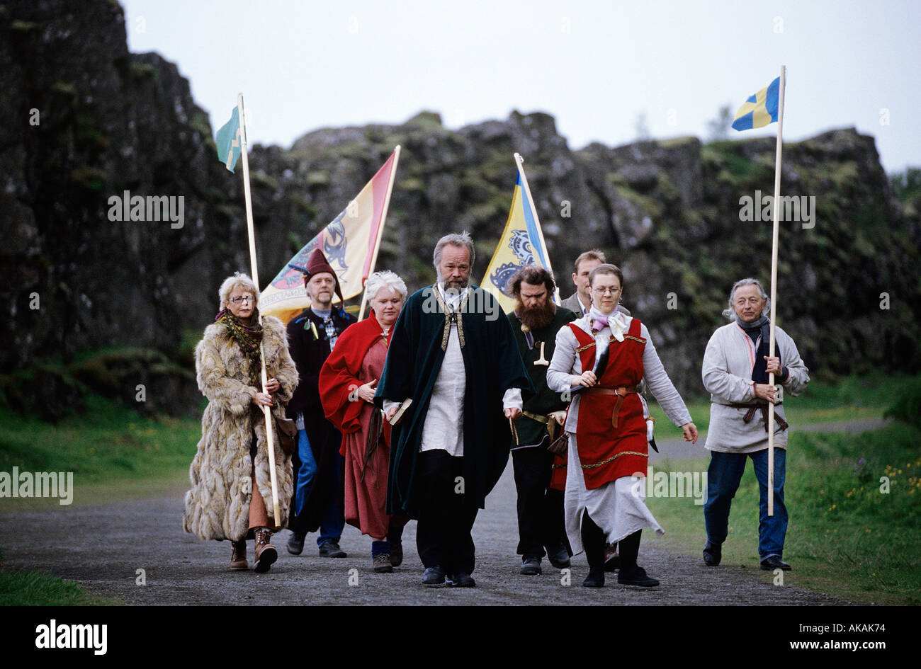 Believers of the old pagan religion of the Nordic mythology gather each summer in Tingvellir for their sommer celebration Stock Photo