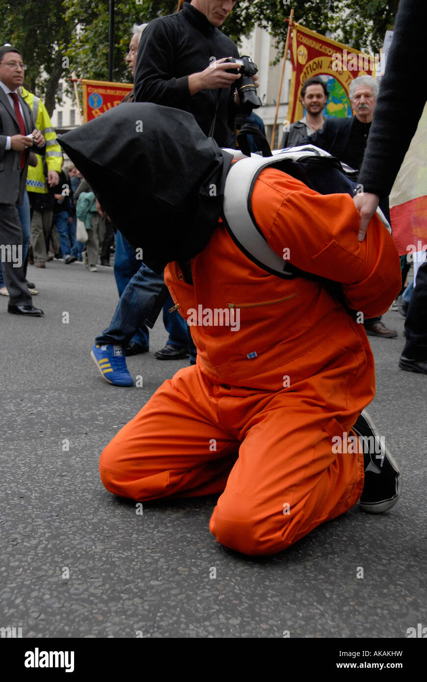 Demonstrator dressed as prisoner at Guantanamo Bay during Anti war demonstration London Stock Photo
