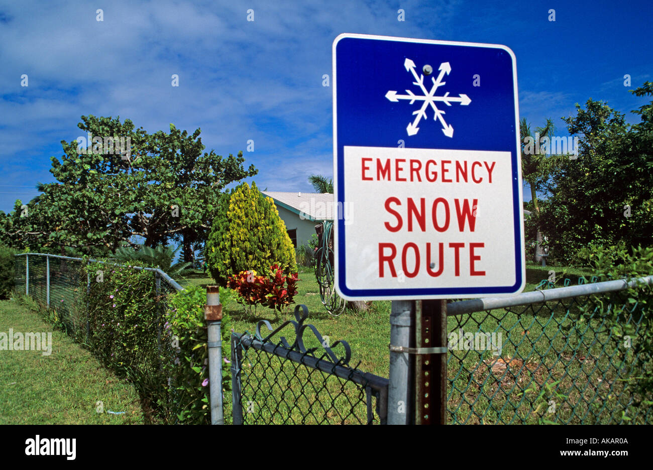 Signpost warning about snow hazard in the Bahamas Stock Photo