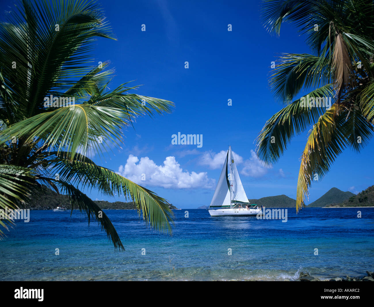 Yacht sailing looking from Frenchman Cays looking towards Jost van Dyke British Virgin Islands Caribbean Stock Photo