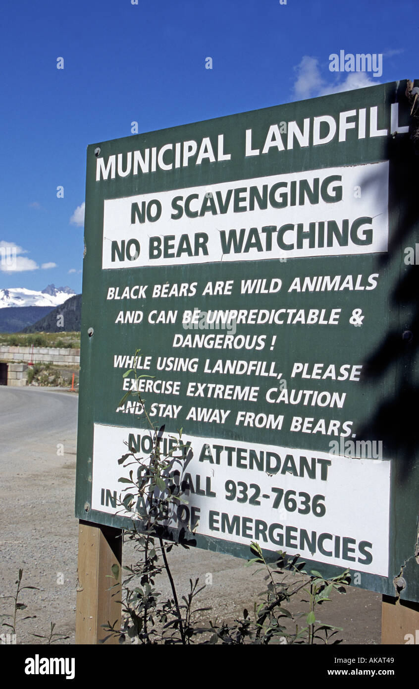 Bear warning sign at a landfill site British Columbia Canada Stock Photo