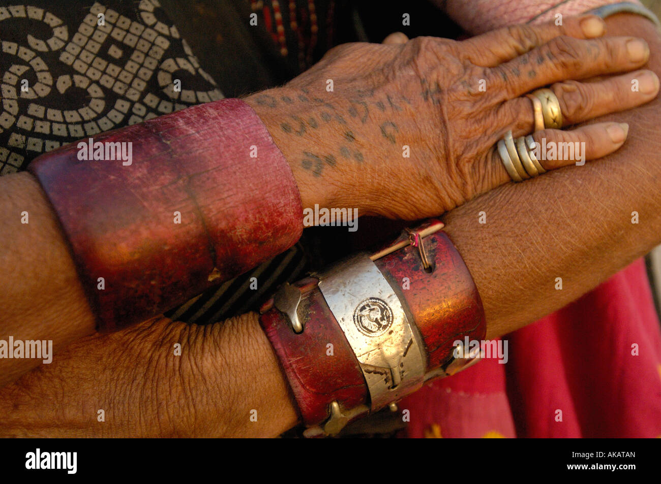 Rabari woman's jewellery & tatoos. Rabari is a term used for tribal cattle herders. Gujarat. Rann of Kutch. SW INDIA Stock Photo