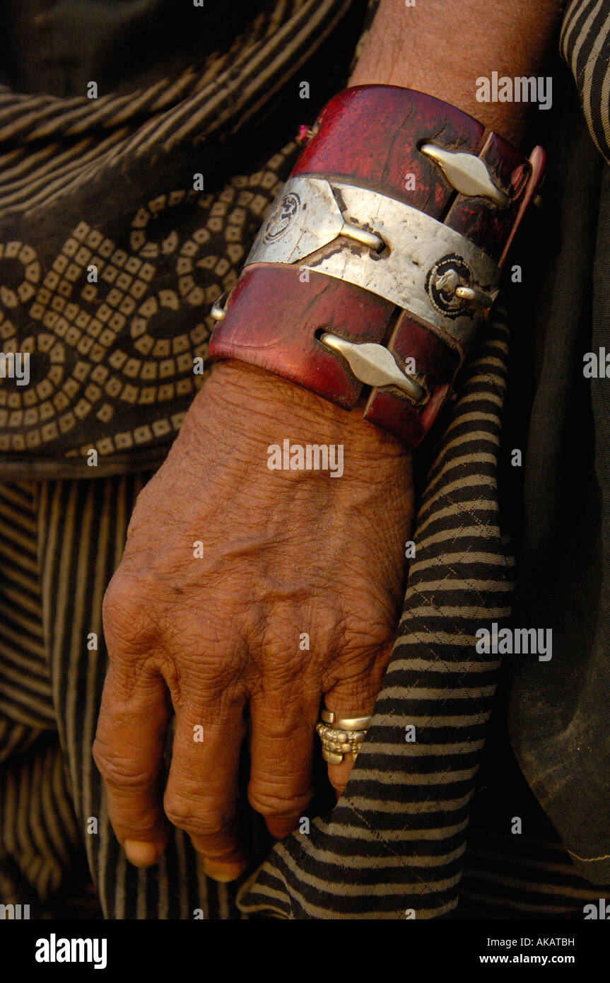 Rabari woman's jewellery & tatoos. Rabari is a term used for tribal cattle herders. Gujarat. Rann of Kutch. SW INDIA Stock Photo