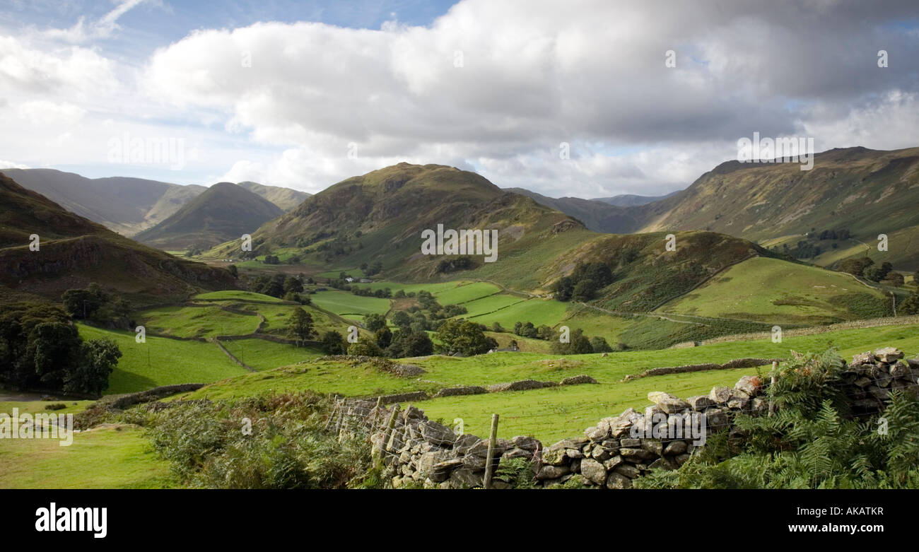View From Halin Fell Twin Valleys of Martindale and Boardale distant Fells Mountains Lake District National Park Cumbria Stock Photo