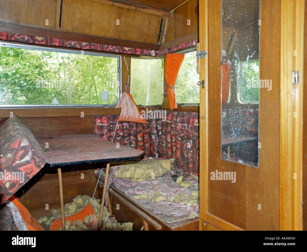 interior view of an old damaged caravan Stock Photo Alamy