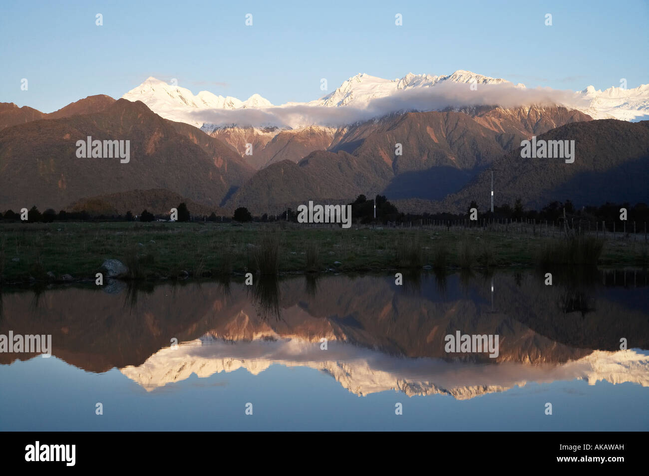 Reflection of Southern Alps in Farm Pond near Franz Josef Glacier West Coast South Island New Zealand Stock Photo