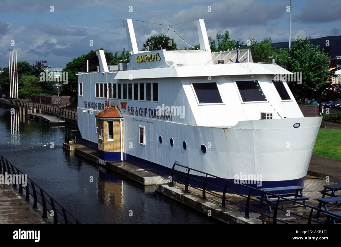 McMonagles sail thru fish and chip shop Forth Clyde Canal CLydebank Scotland Europe Stock Photo