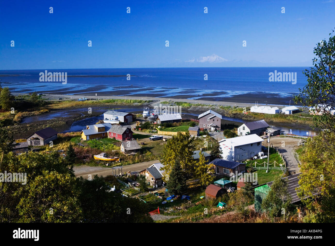 USA, Alaska, Kenai Peninsula, Ninilchik, Town View with Iliamna Volcano
