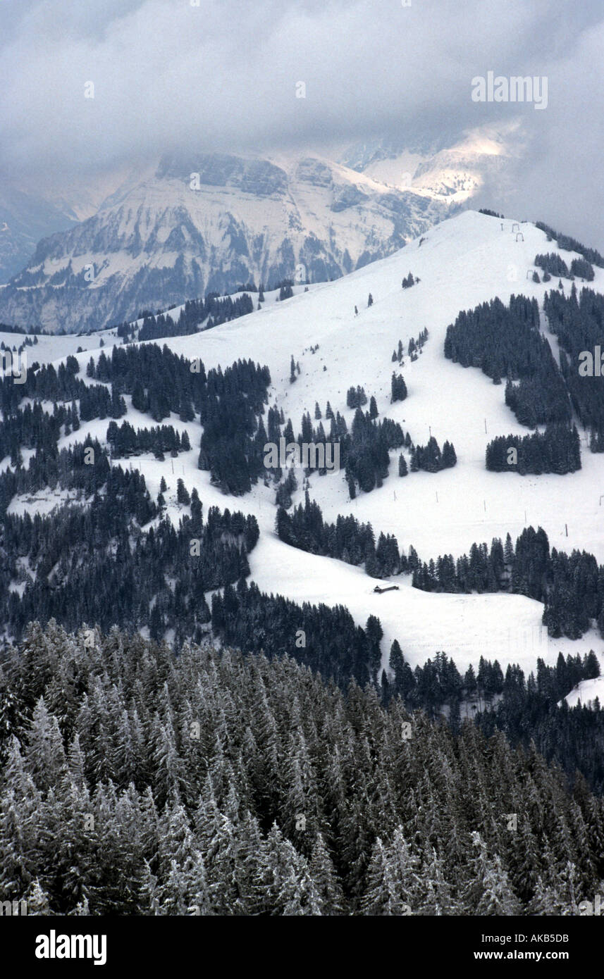 Alps ski slopes Mt Riggi near Lucerne Switzerland are comprised of snow ...