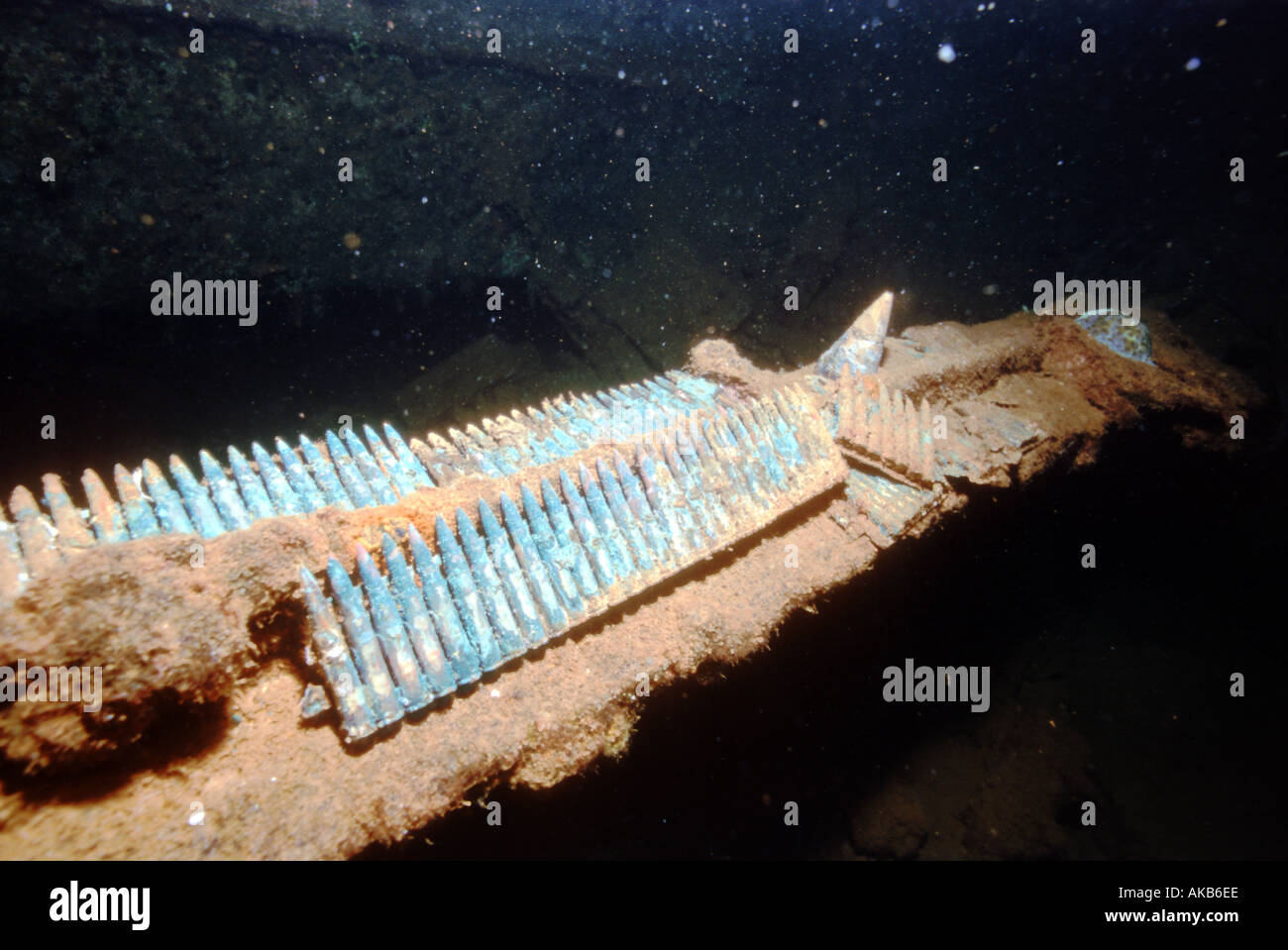 Ominous sightings of WWII weaponry and bullet casings appear on the Sankisan Maru and in the many underwater shipwrecks of Truk Stock Photo