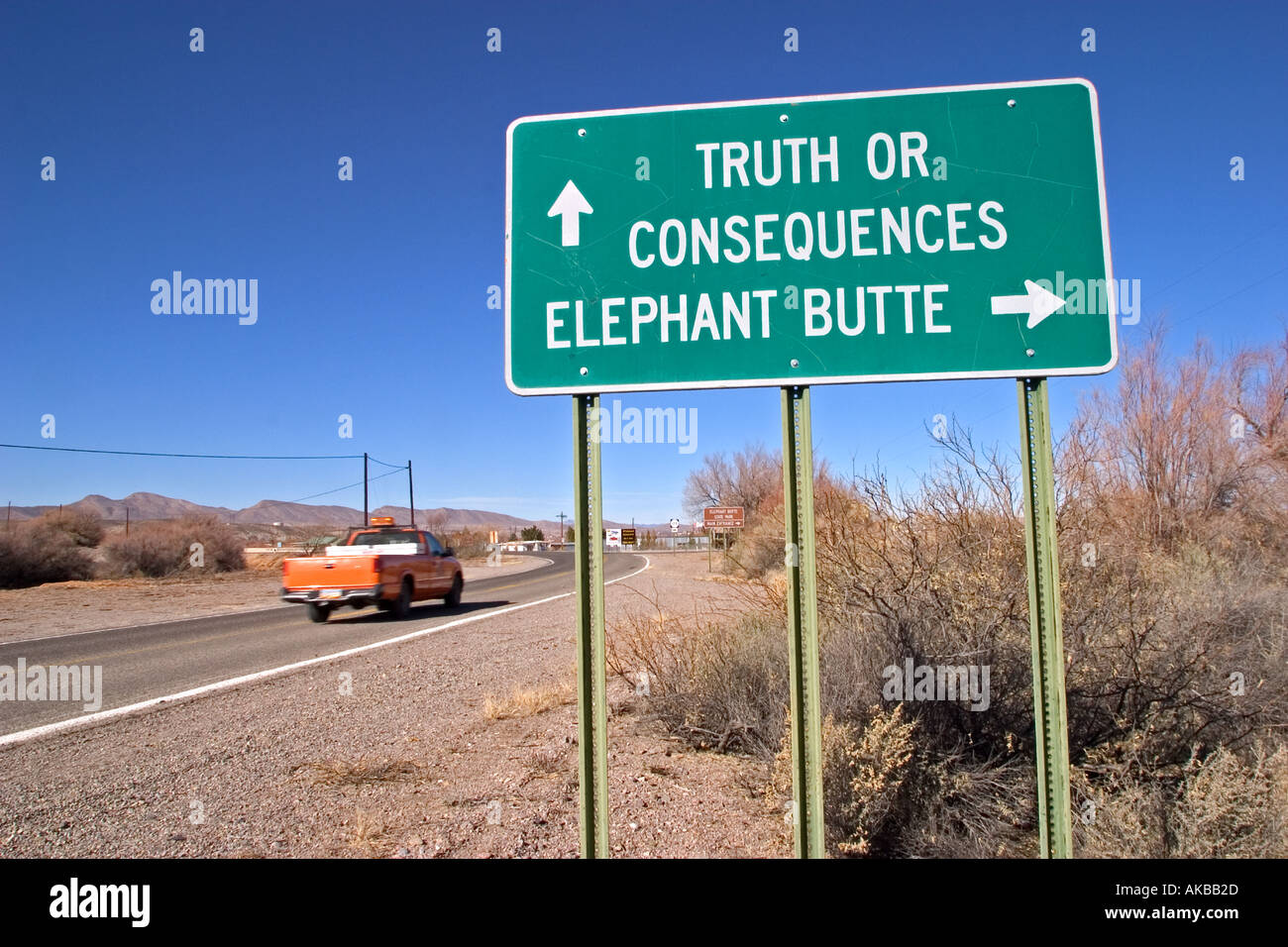Sign to the town of Truth or Consequences and Elephant Butte New Mexico