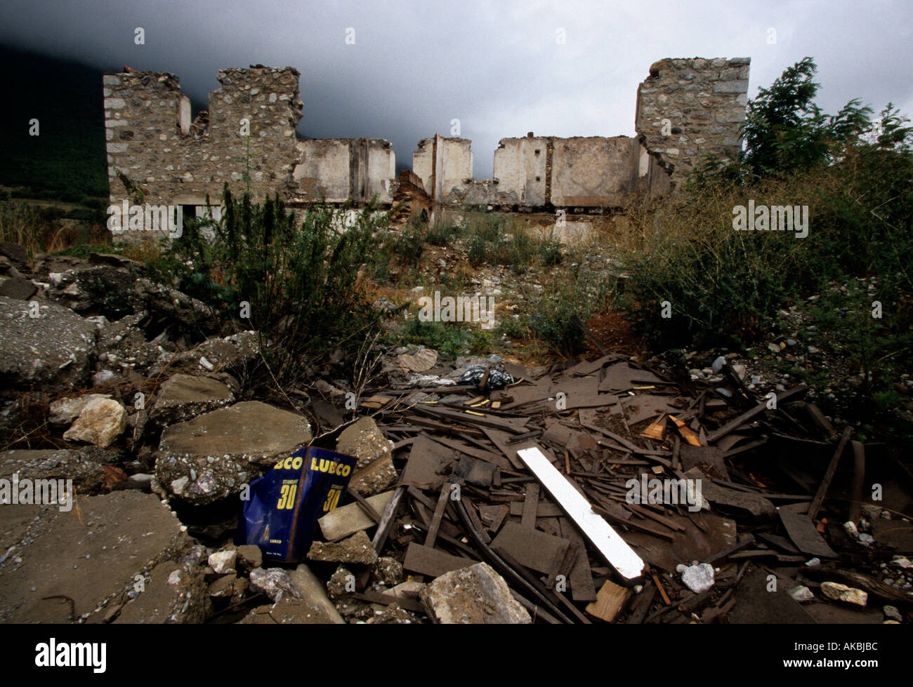 A view at a destroyed village in Kosovo Stock Photo