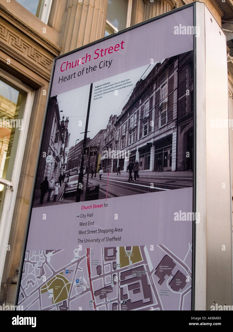 An information panel with a map and history of the Church Street area of Sheffield City Centre, UK Stock Photo