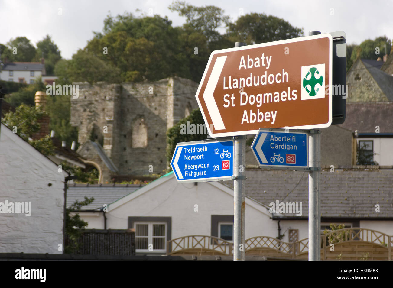 St Dogmaels Abbey sign St Dogmaels Ceredigion Wales - tourism and heritage site in south west wales Stock Photo