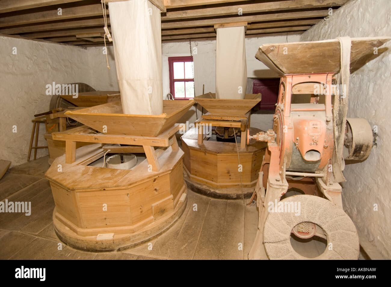 Grain hoppers feeding the the grindstones at water powered flour mill The Mill St Dogmaels