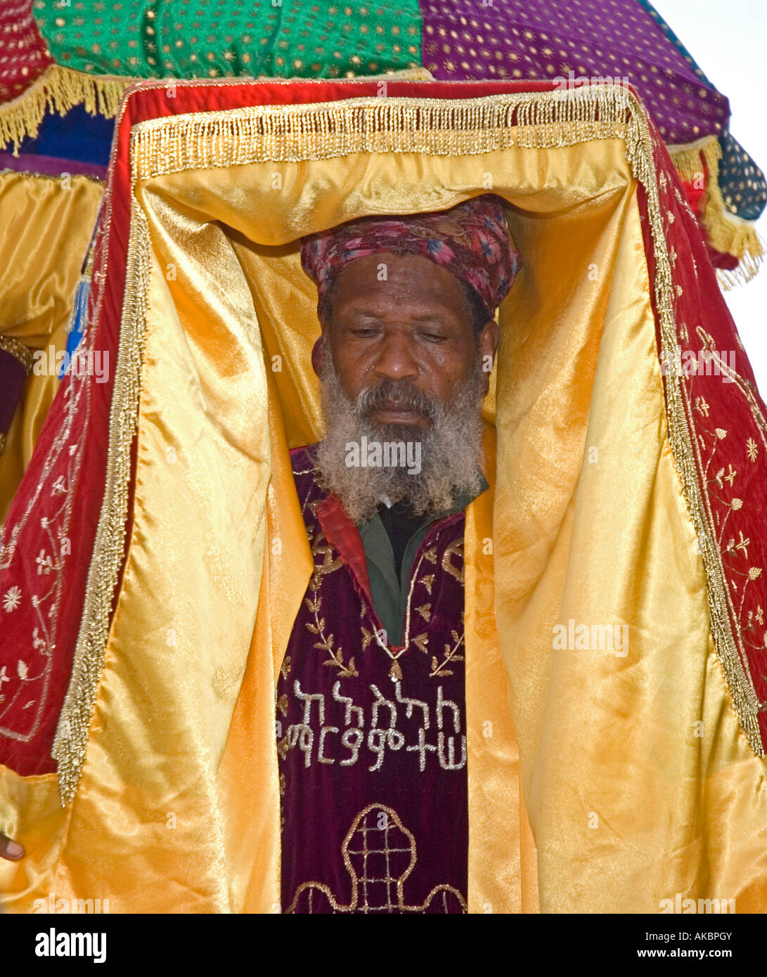 Ethiopian Orthodox Priest carrying the 'Tabot' during Timkat (Epiphany) celebrations in Addis Abeba, Ethiopia Stock Photo