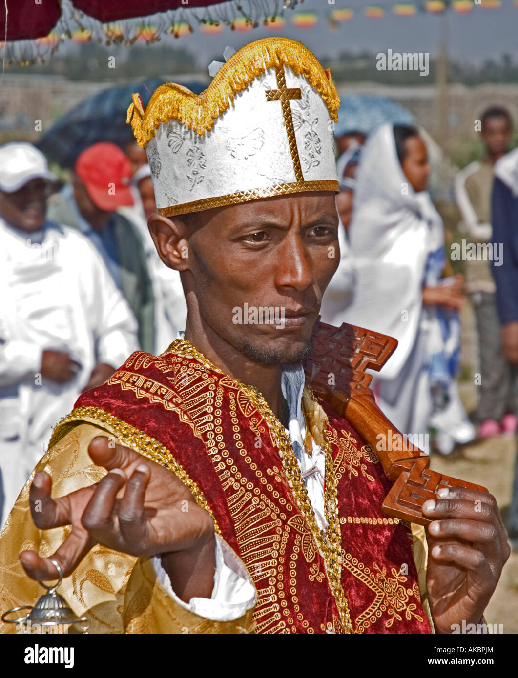Ethiopian Orthodox Deacon carrying incense burner during Timkat (Epiphany) celebrations in Addis Abeba, Ethiopia Stock Photo