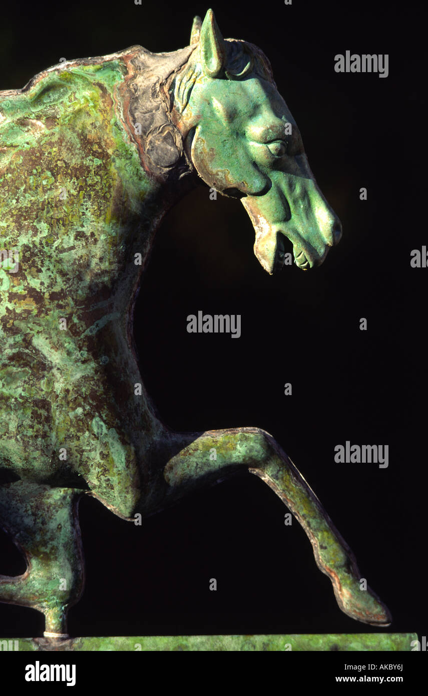 Detail of a copper weather vane of a horse against a black background Stock Photo