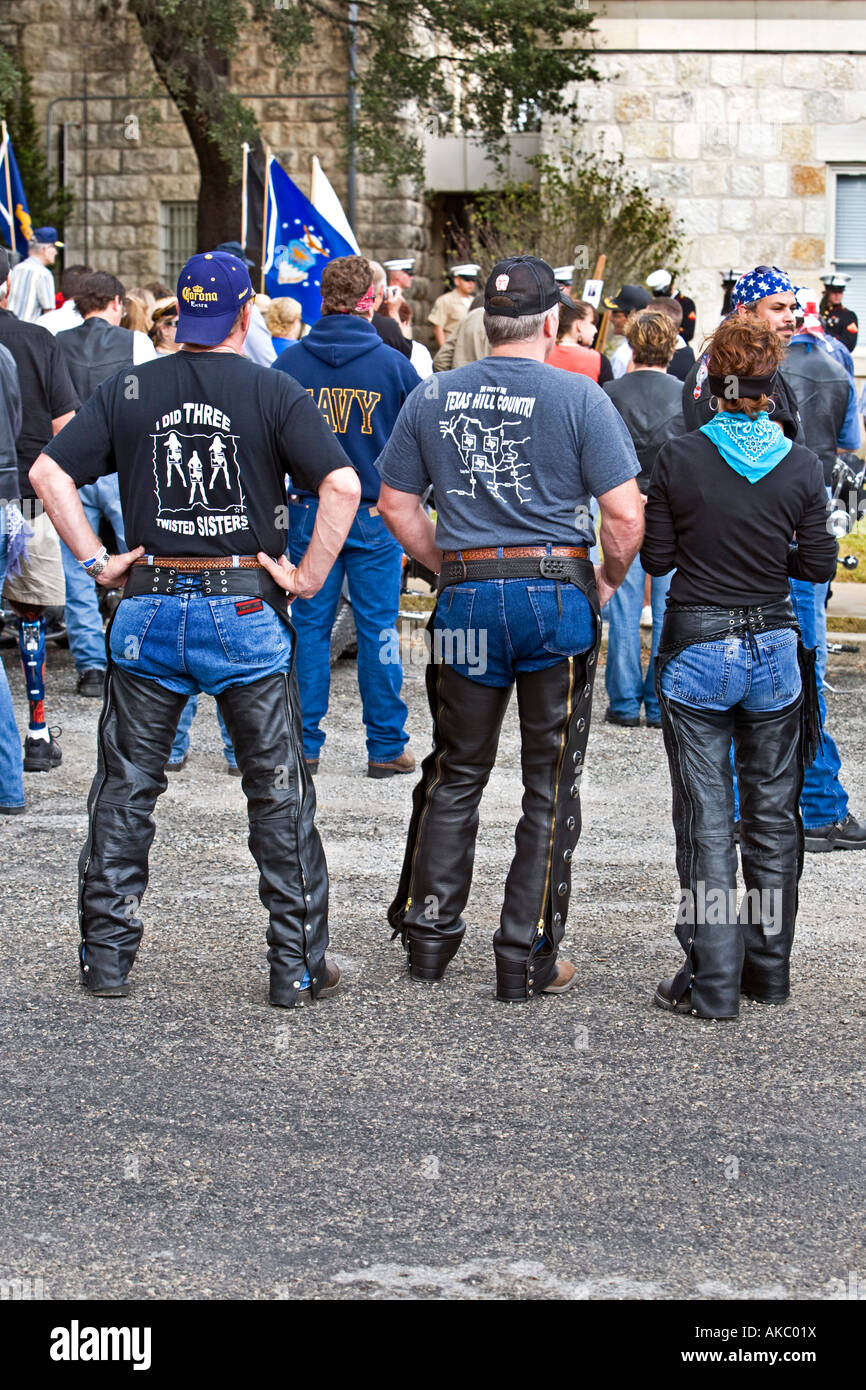 Bikers with chaps vet ceremony. Motorcycle rally in Texas Stock Photo