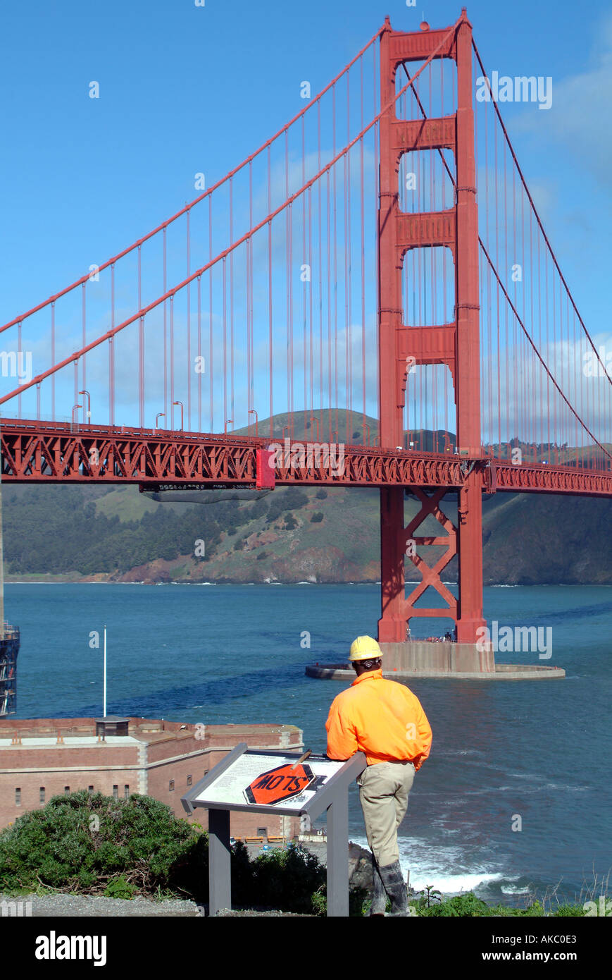 Construction worker overlooking the Golden Gate Bridge Stock Photo Alamy