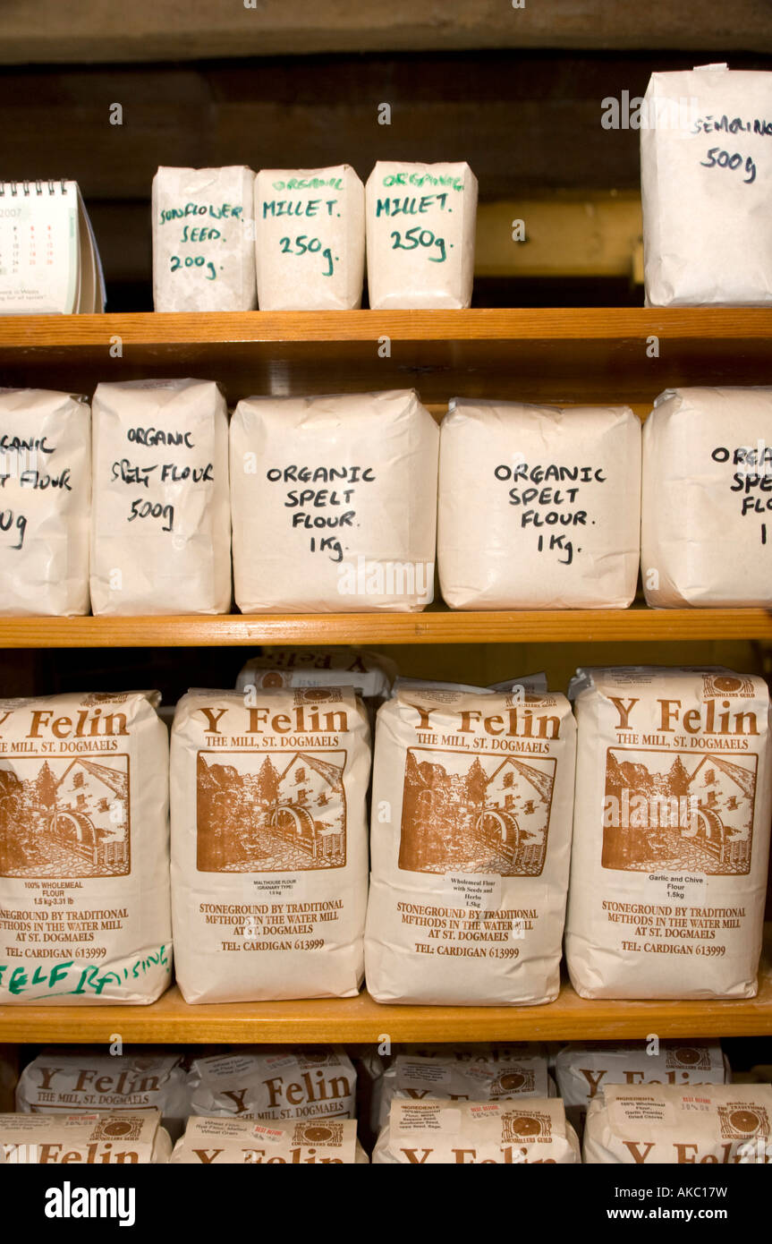Packets of organic wholemeal milled flour for sale at The Mill St Dogmaels Llandudoch near Cardigan Stock Photo