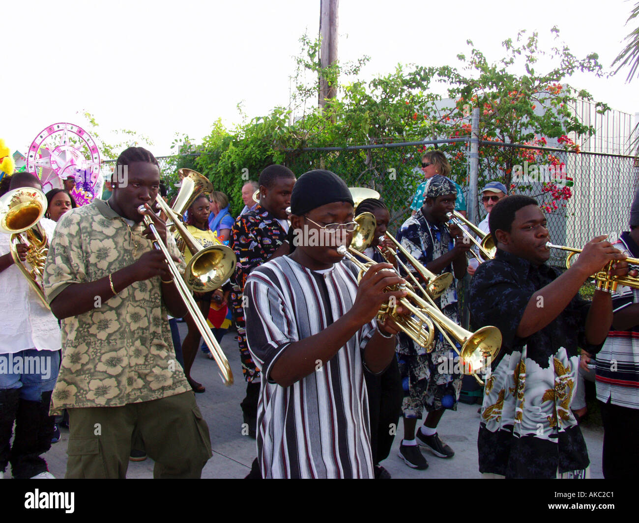 High school boys band participates in the traditional New Year Junkanoo parade in Green Turtle Cay Abacos Bahamas Stock Photo