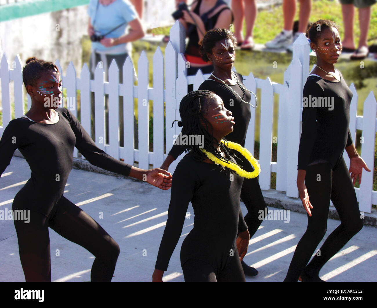 Bahamian girls dance in traditional New Year s Junkanoo parade on Green Turtle Cay Abacos Bahamas Stock Photo