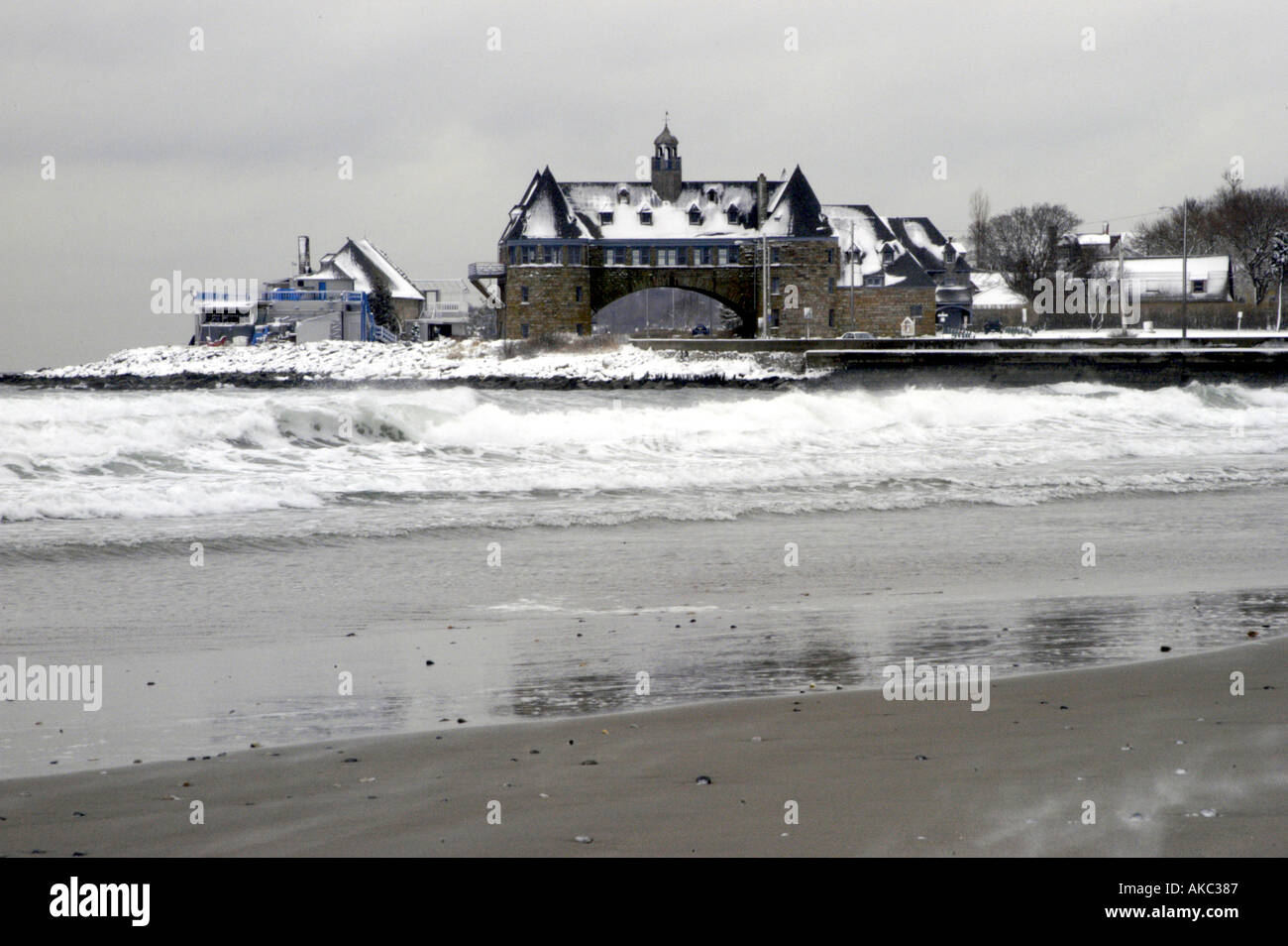 Wintery shoreline on dull gray day Stock Photo