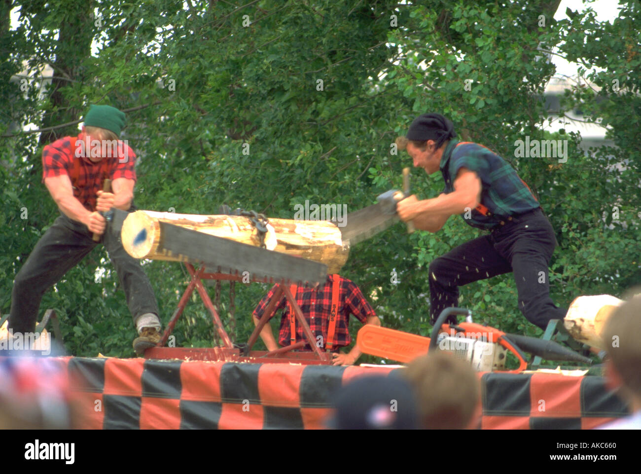Lumberjacks age 25 in log sawing contest at Heritage Days. Minneapolis