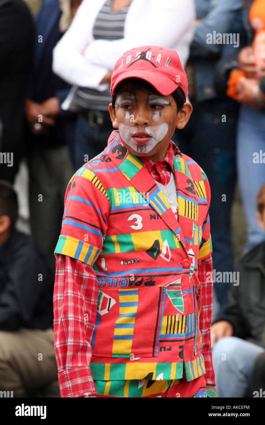 Costumed young boy in a Street Parade during the Fiesta del Niño de Reyes in Riobamba, Ecuador on January 6th, 2007 Stock Photo
