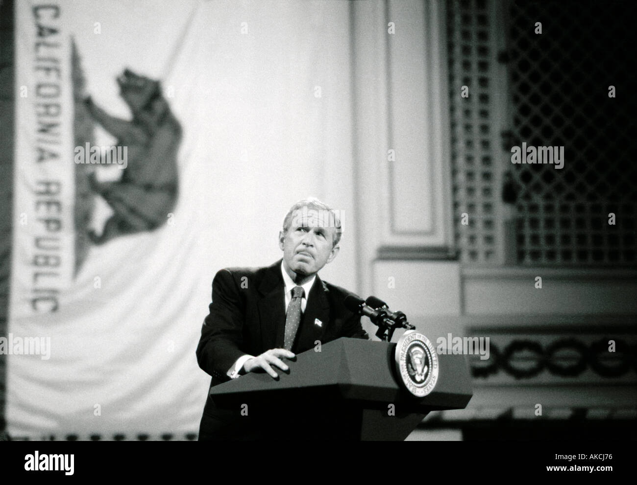 American President George Walker Bush sticks out his tongue during speech in Stockton, California in 2002. © Craig M. Eisenberg Stock Photo