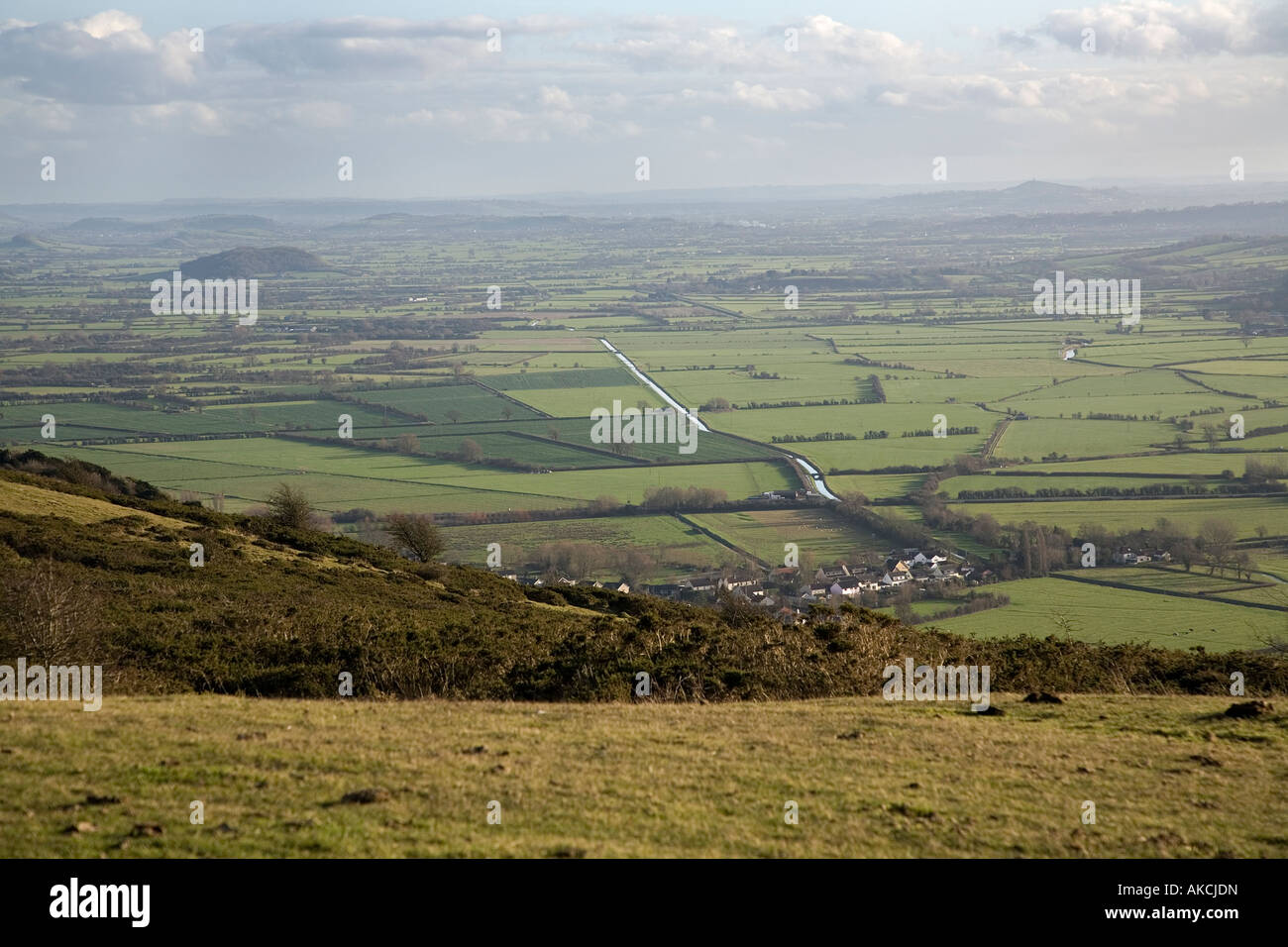 Somerset levels, with Glastonbury Tor in distance Stock Photo
