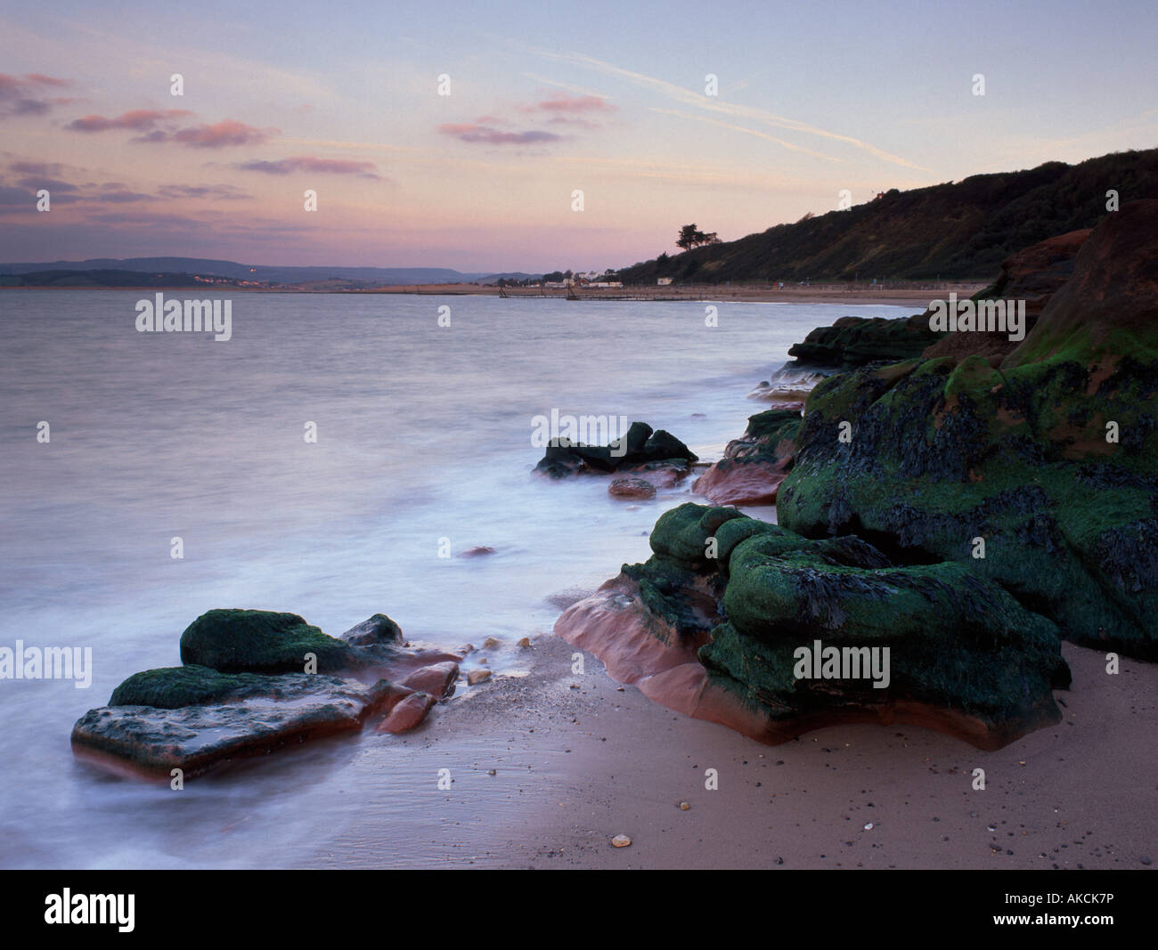 View towards Exmouth from Orcombe Rocks, Devon, England, at sunrise in Autumn Stock Photo