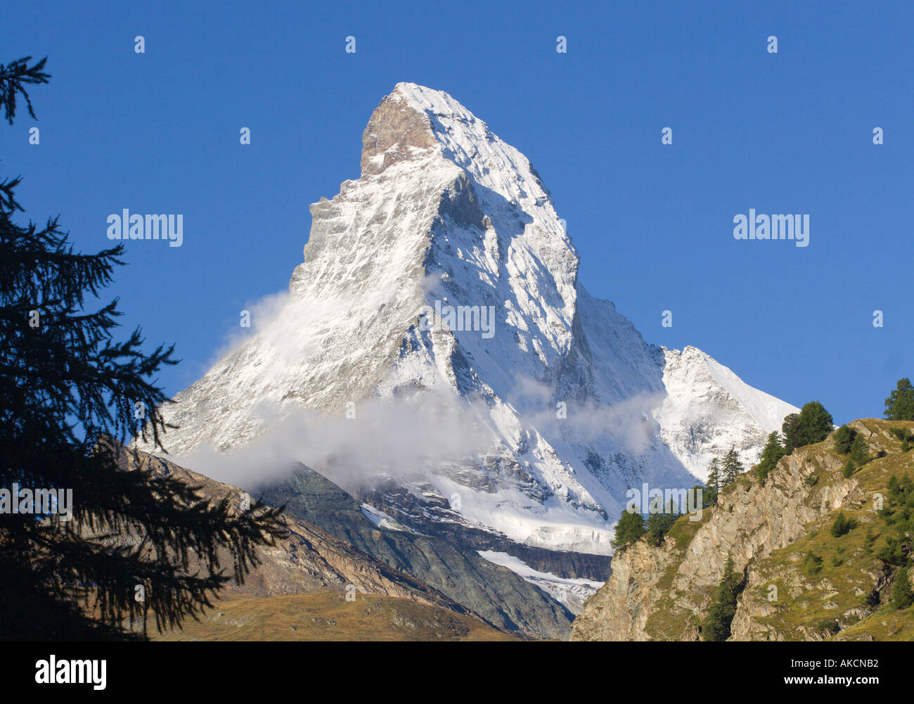 Peak of the Matterhorn mountain viewed from Zermatt with slope of hillside in front The Swiss Alps Valais Switzerland Stock Photo