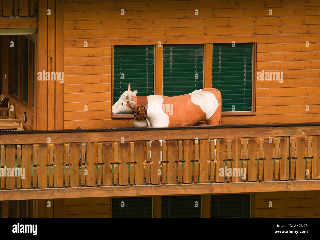 Life size model brown and white cow standing on the balcony of a wooden chalet in Zermatt Swiss Alps Valais Switzerland Stock Photo