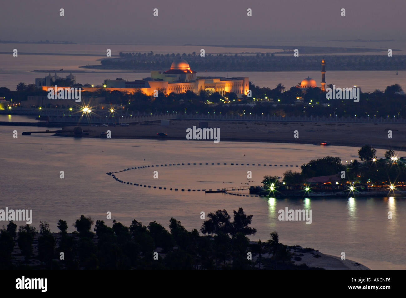 Aerial view of Presidential Palace at night Abu Dhabi UAE Stock Photo