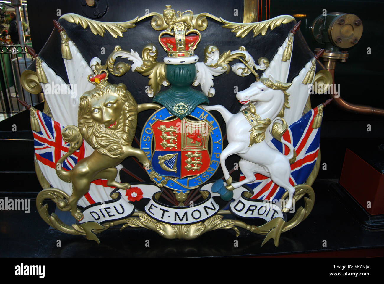 Royal Coat of Arms, 'The Queen' Steam Locomotive, Royal Windsor Station, Windsor, Berkshire, United Kingdom Stock Photo