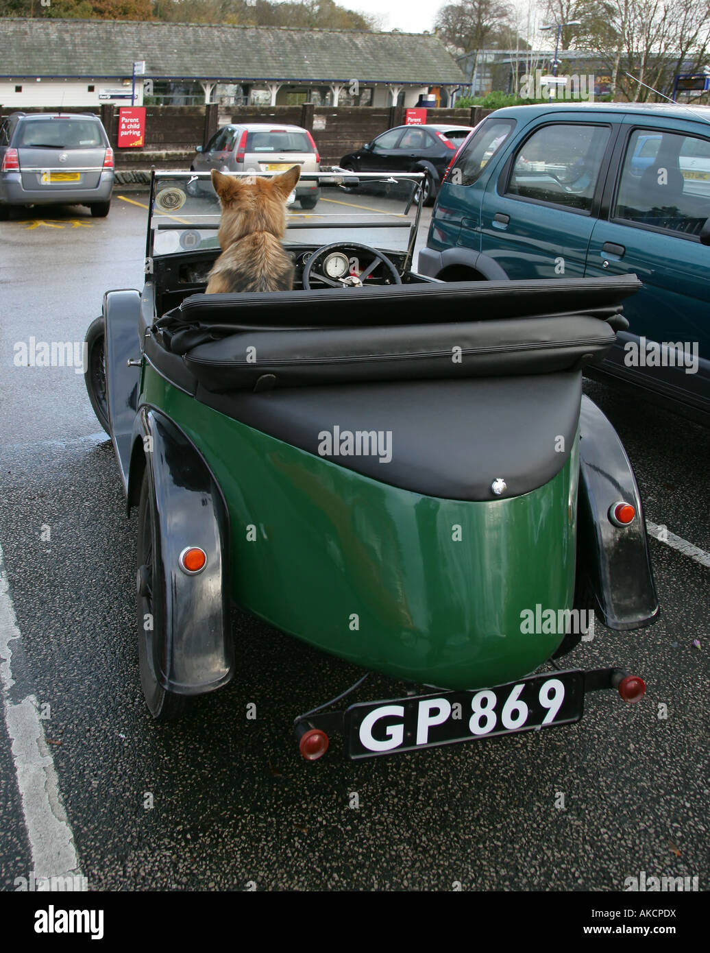 An Austin Seven convertible automobile sits parked in a car park with hood down and alsatian as passenger Stock Photo