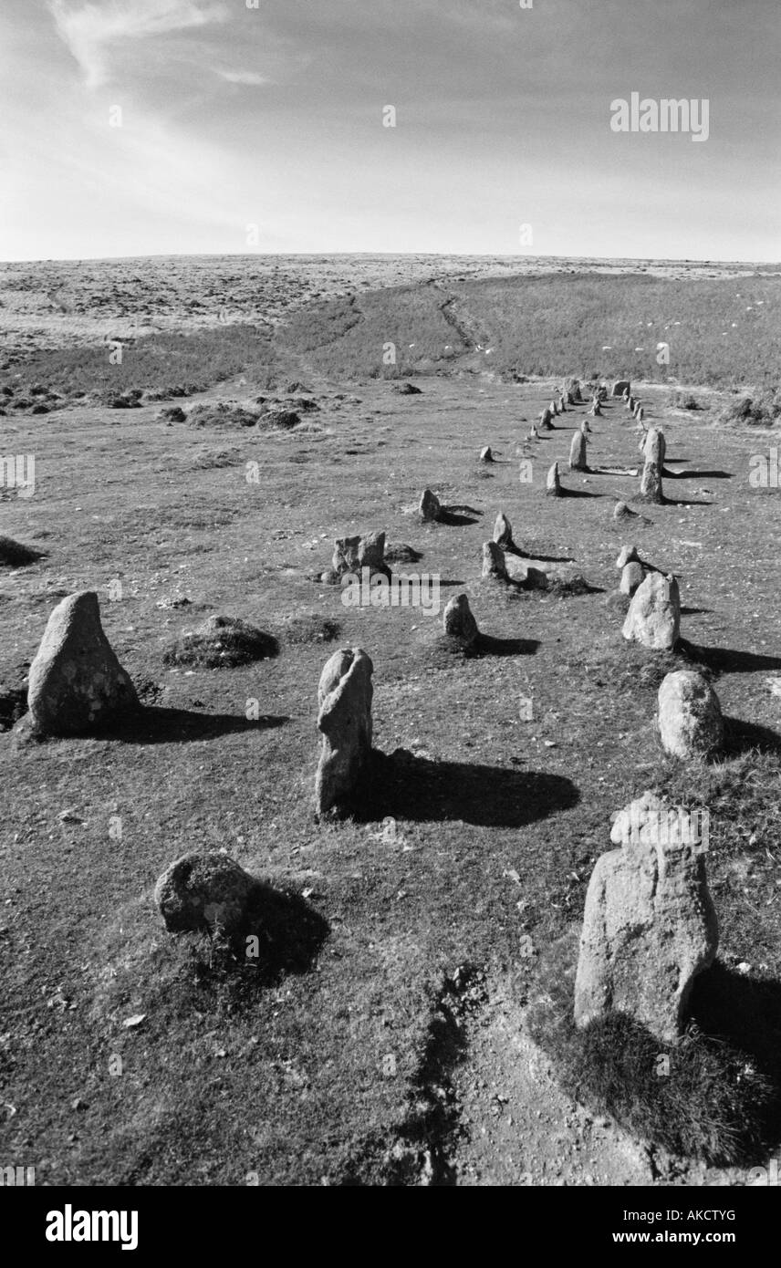 Stone Row near South Zeal on Dartmoor, Devon, in black and white Stock Photo