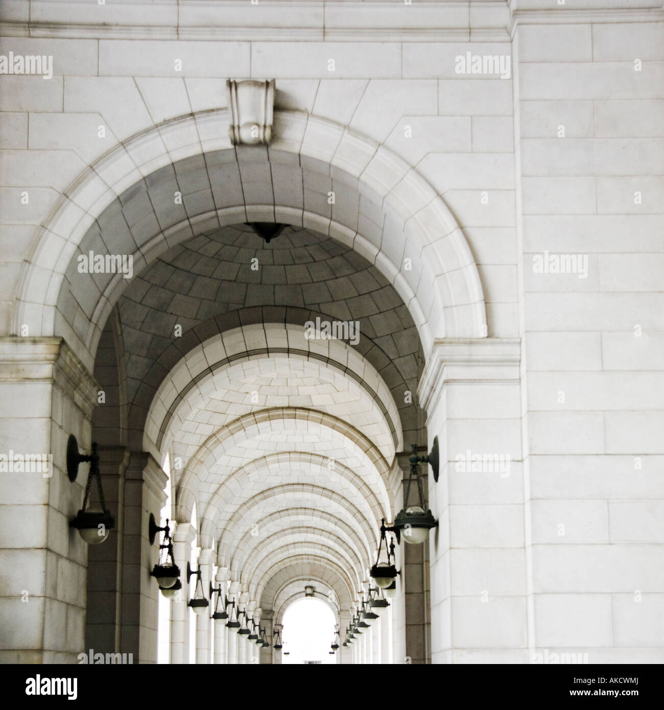 Marble colonnade with wall sconces at Union Station in Washington DC Stock Photo