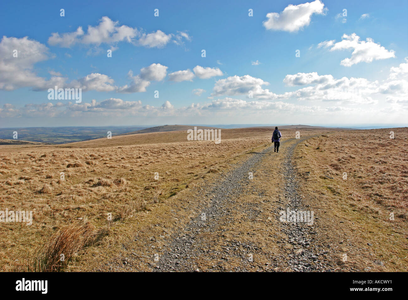 Woman walking along a track on Dartmoor in Devon Stock Photo