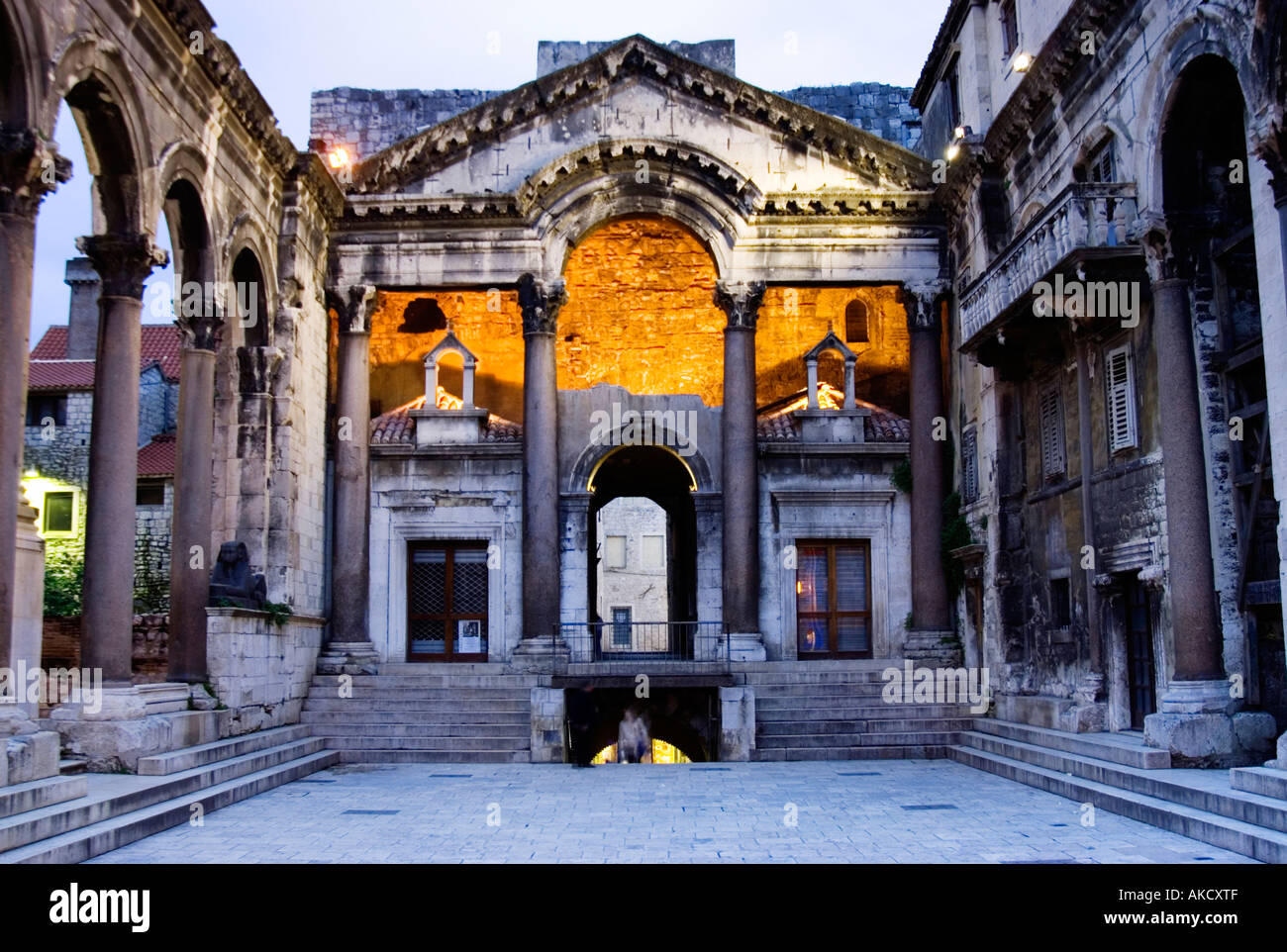 South-East Europe, Croatia, Dalmatia, Split, old roman ruins at dusk Stock Photo