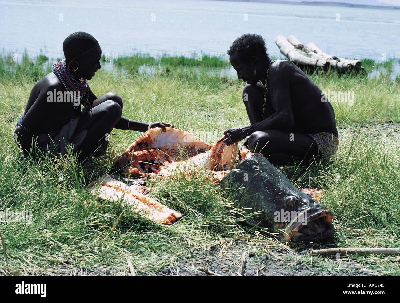 El Molo man and his wife cutting up a huge Nile Perch which he has caught using a harpoon Stock Photo