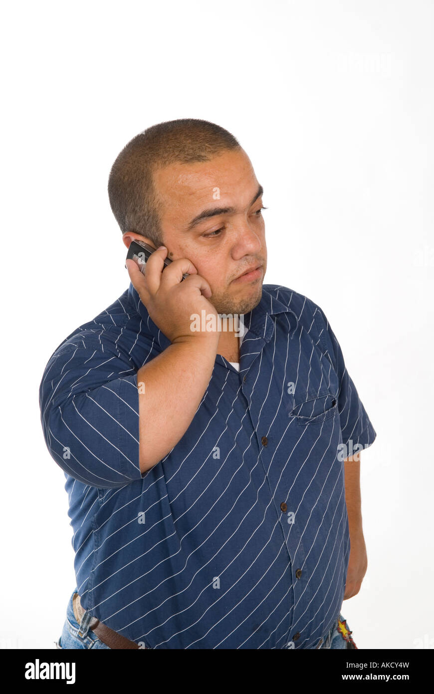 Midget man talking on mobile cell phone Stock Photo