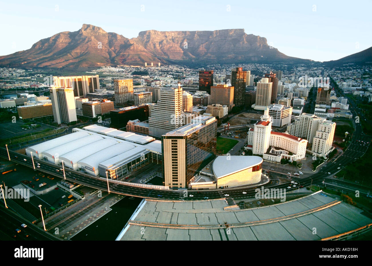 Cape Town Aerial showing CBD, Conference Centre and Table Mountain, Cape Town, South Africa Stock Photo